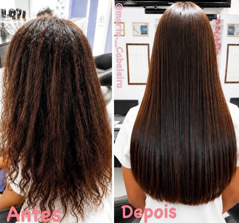Antes e depois de alisamento: cabelo crespo e ressecado transformado em liso e sedoso