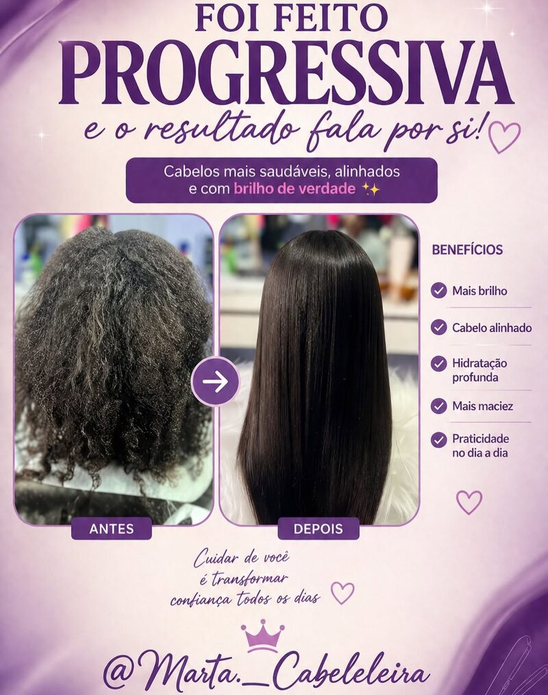 Antes e depois de progressiva: cabelo cacheado e volumoso transformado em liso, alinhado e brilhante