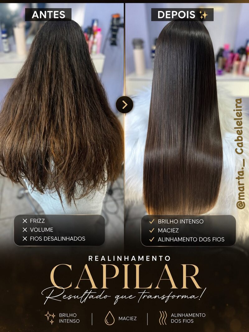 Antes e depois de realinhamento capilar: fios com frizz e volume transformados em liso e macio